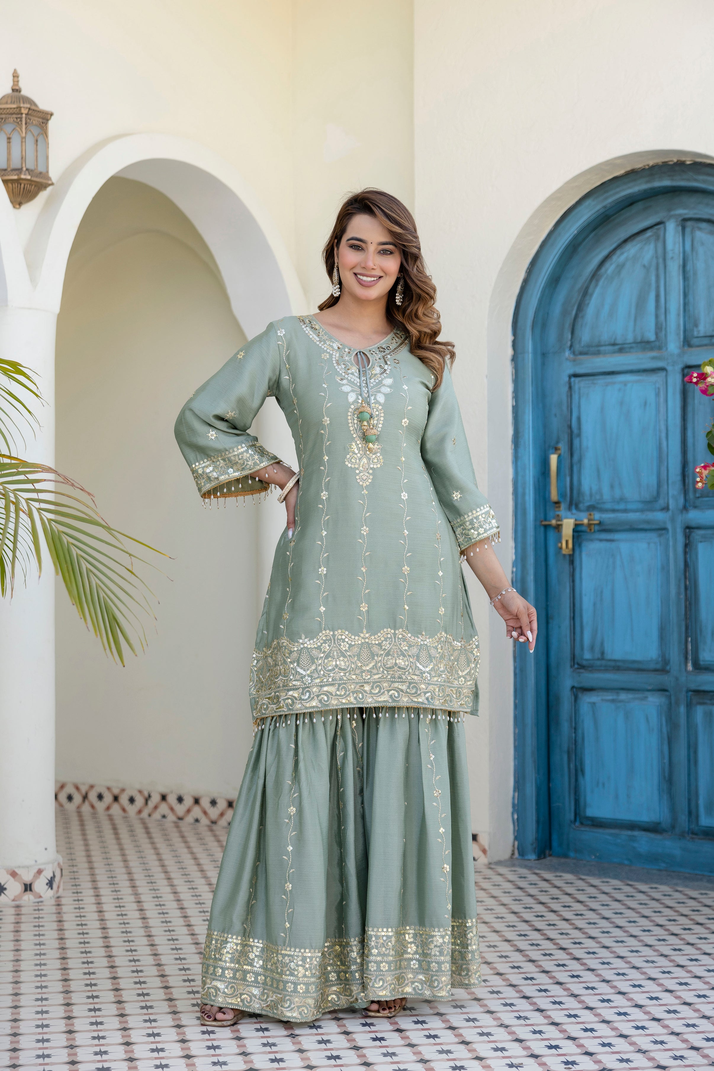 Designer Green Ethnic Sharara Set with Heavy Embroidery Work