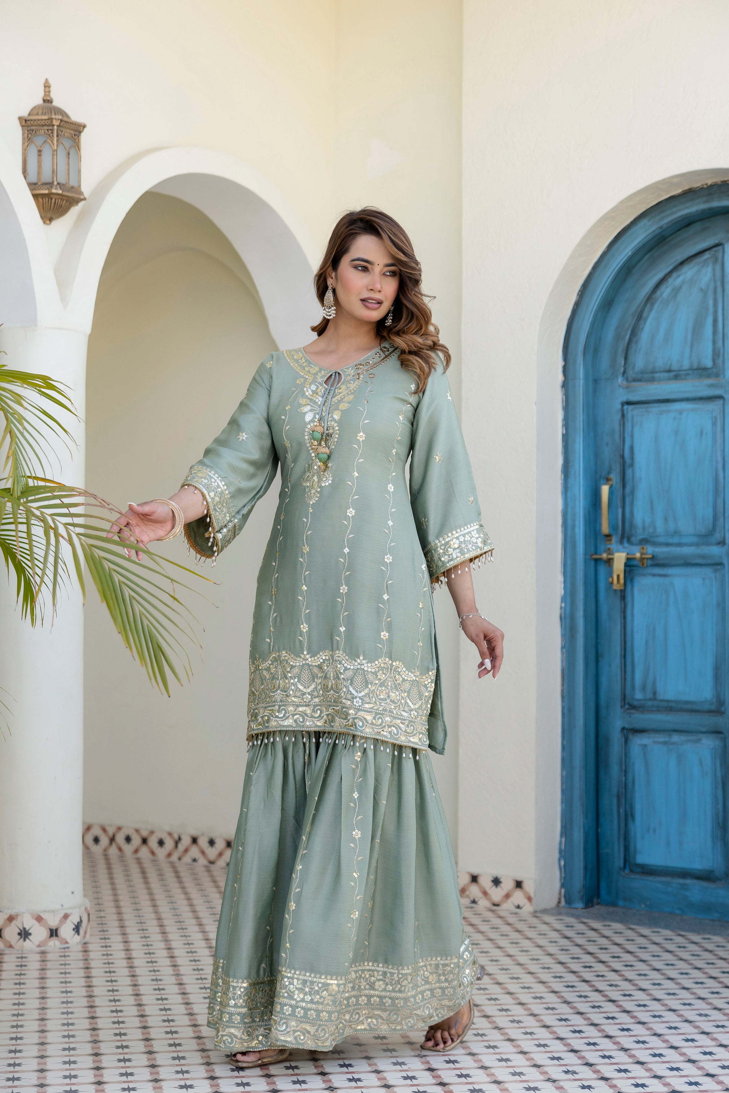 Designer Green Ethnic Sharara Set with Heavy Embroidery Work