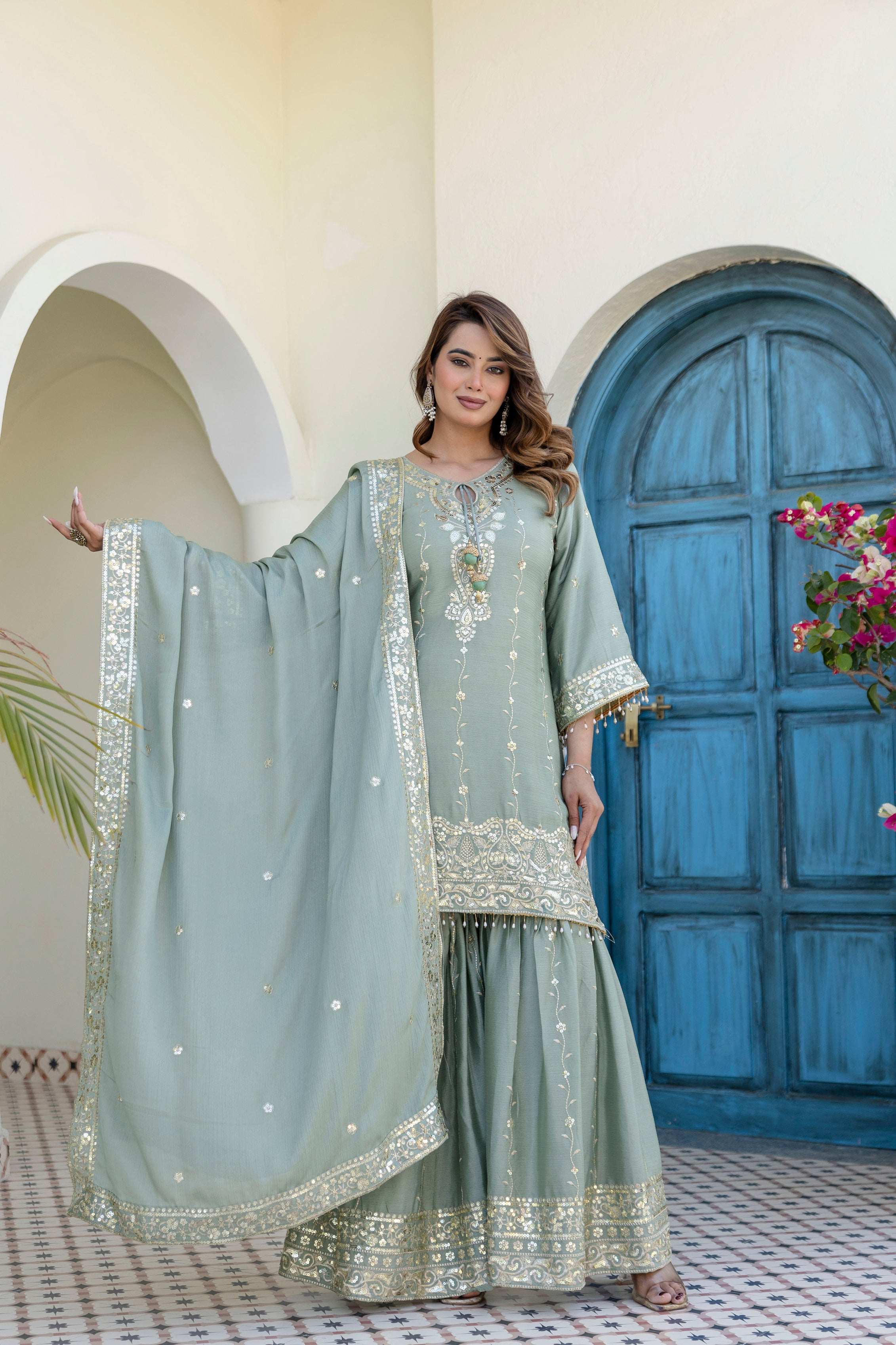 Designer Green Ethnic Sharara Set with Heavy Embroidery Work