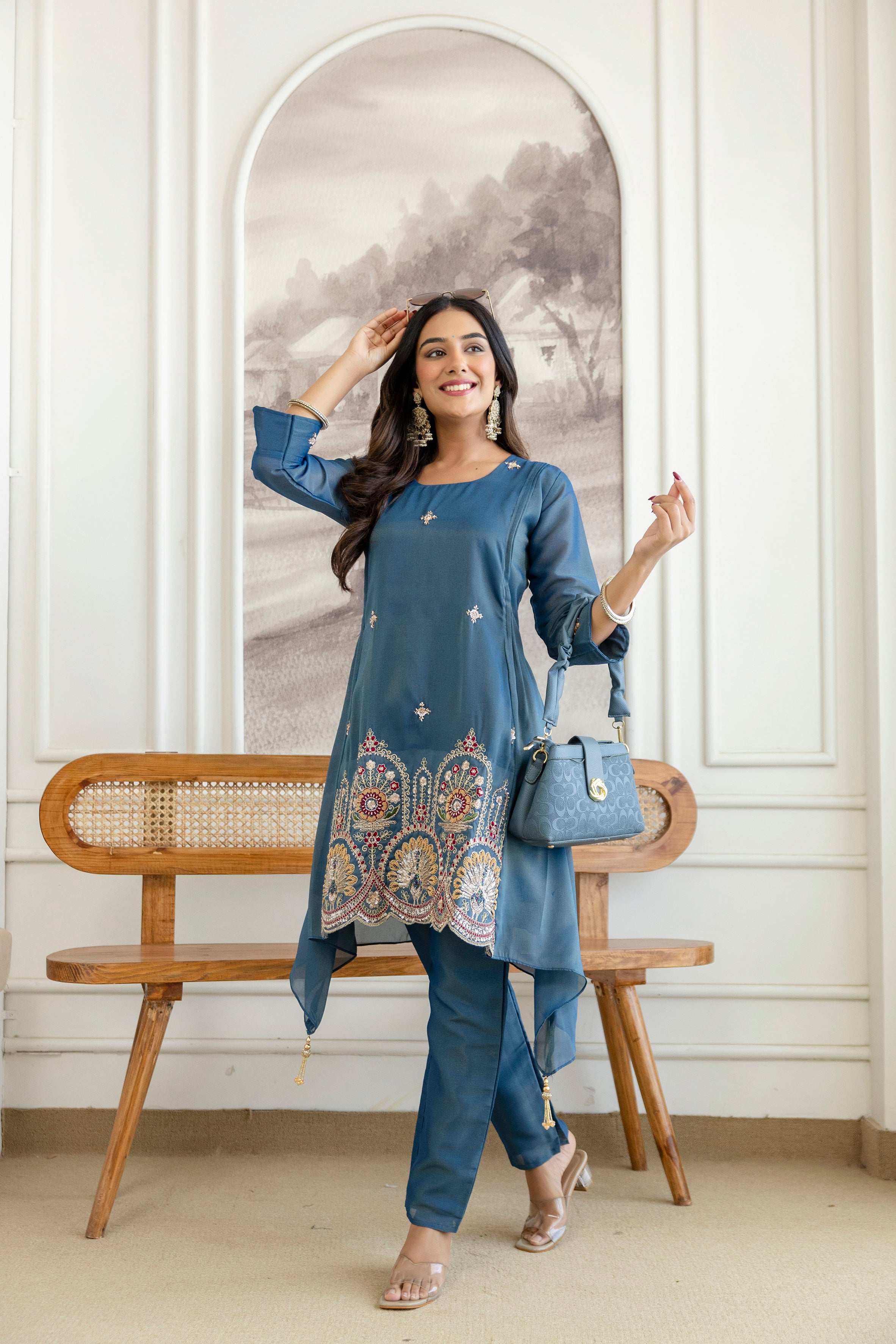 Trendy Kurta Pant Set with Intricate Embroidery Work