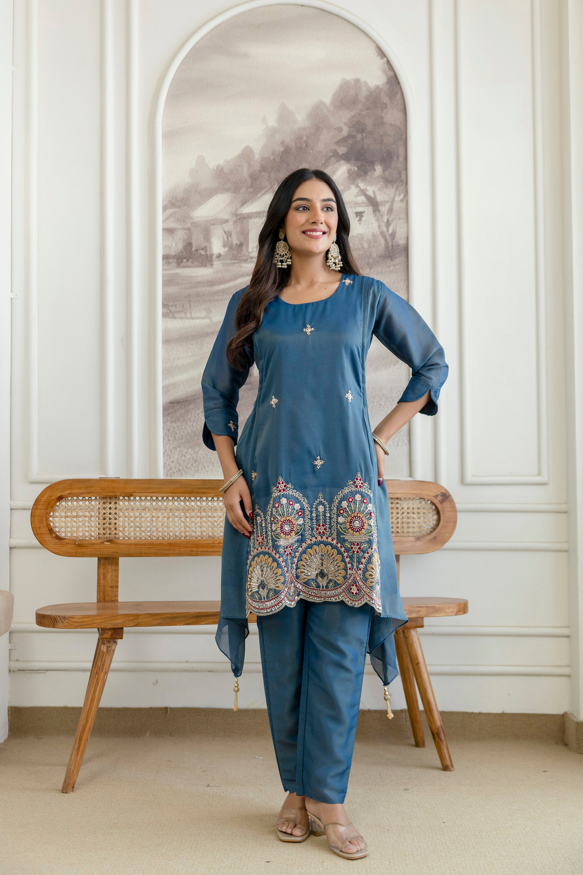 Trendy Kurta Pant Set with Intricate Embroidery Work