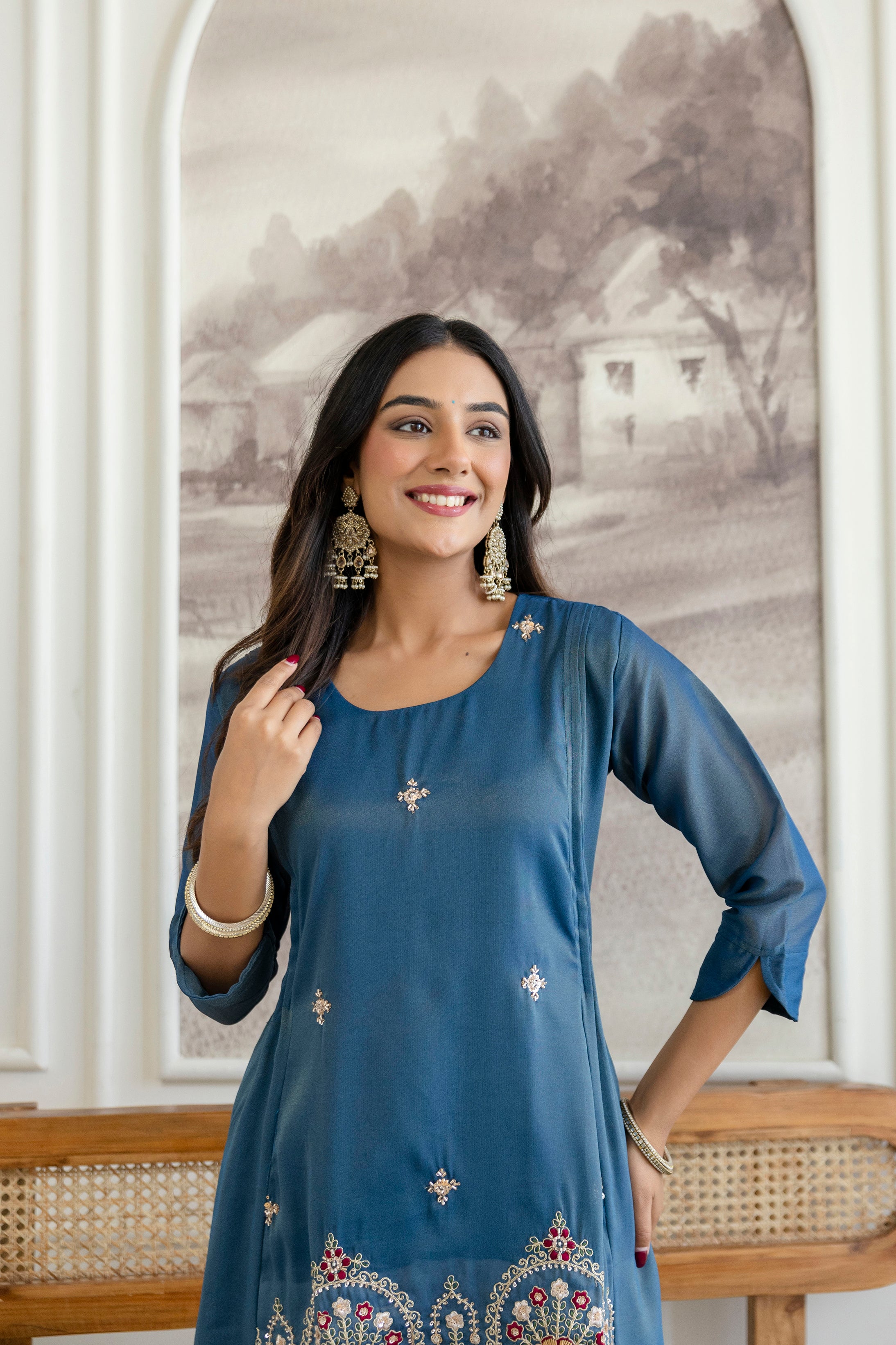 Trendy Kurta Pant Set with Intricate Embroidery Work
