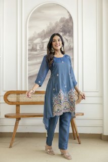 Trendy Kurta Pant Set with Intricate Embroidery Work