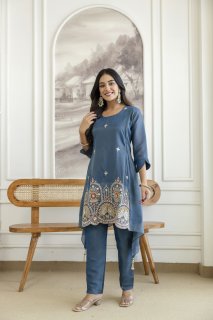 Trendy Kurta Pant Set with Intricate Embroidery Work