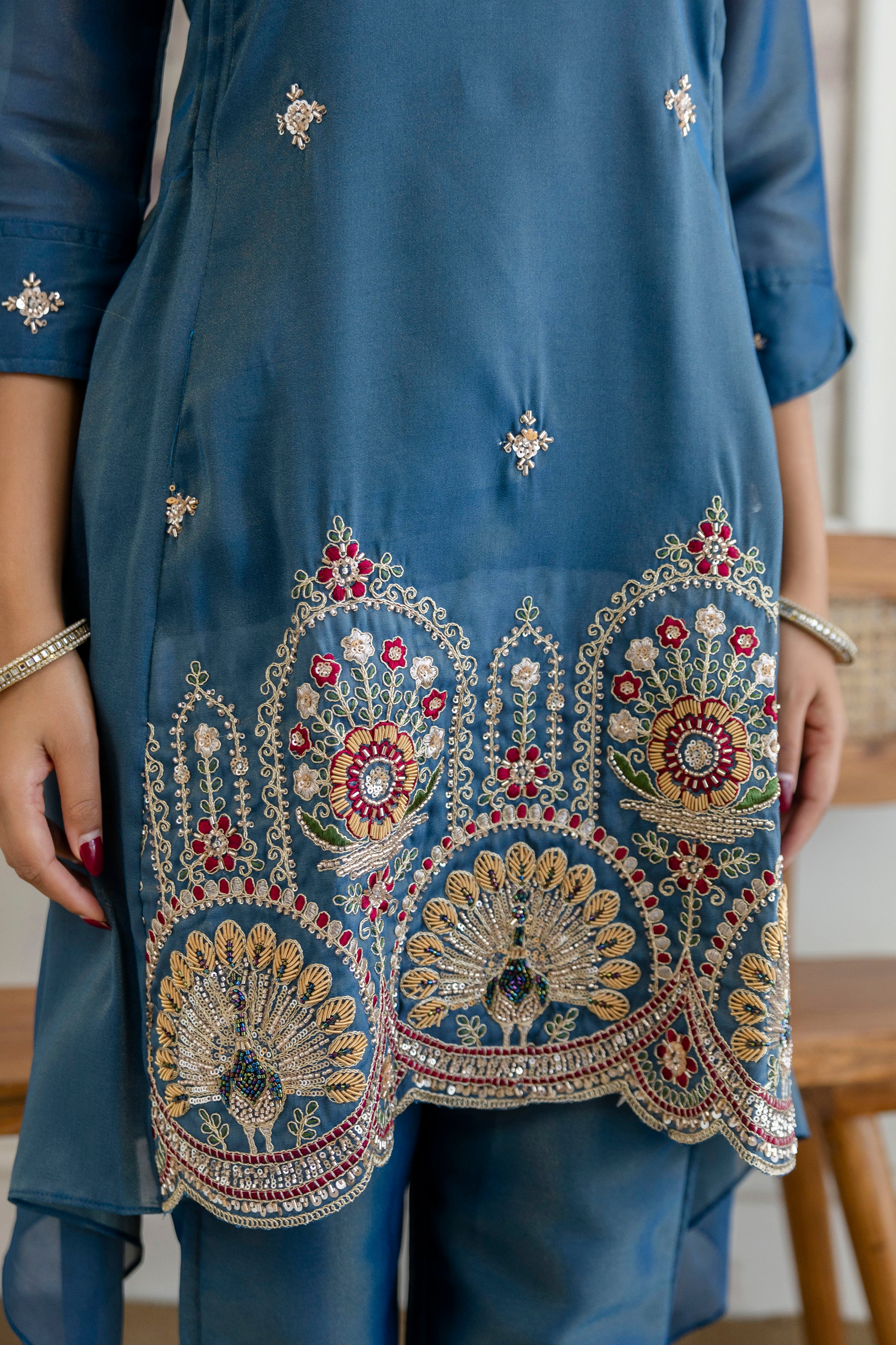 Trendy Kurta Pant Set with Intricate Embroidery Work