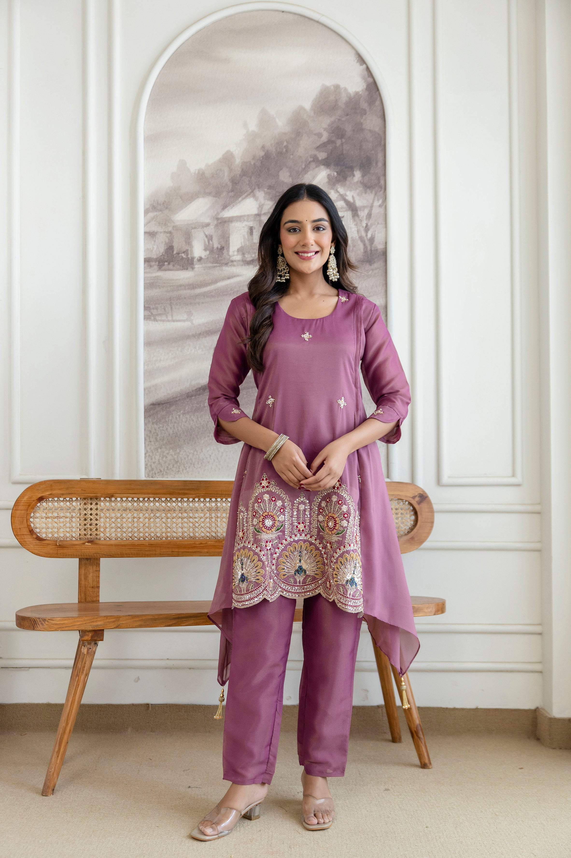 Trendy Kurta Pant Set with Intricate Embroidery Work