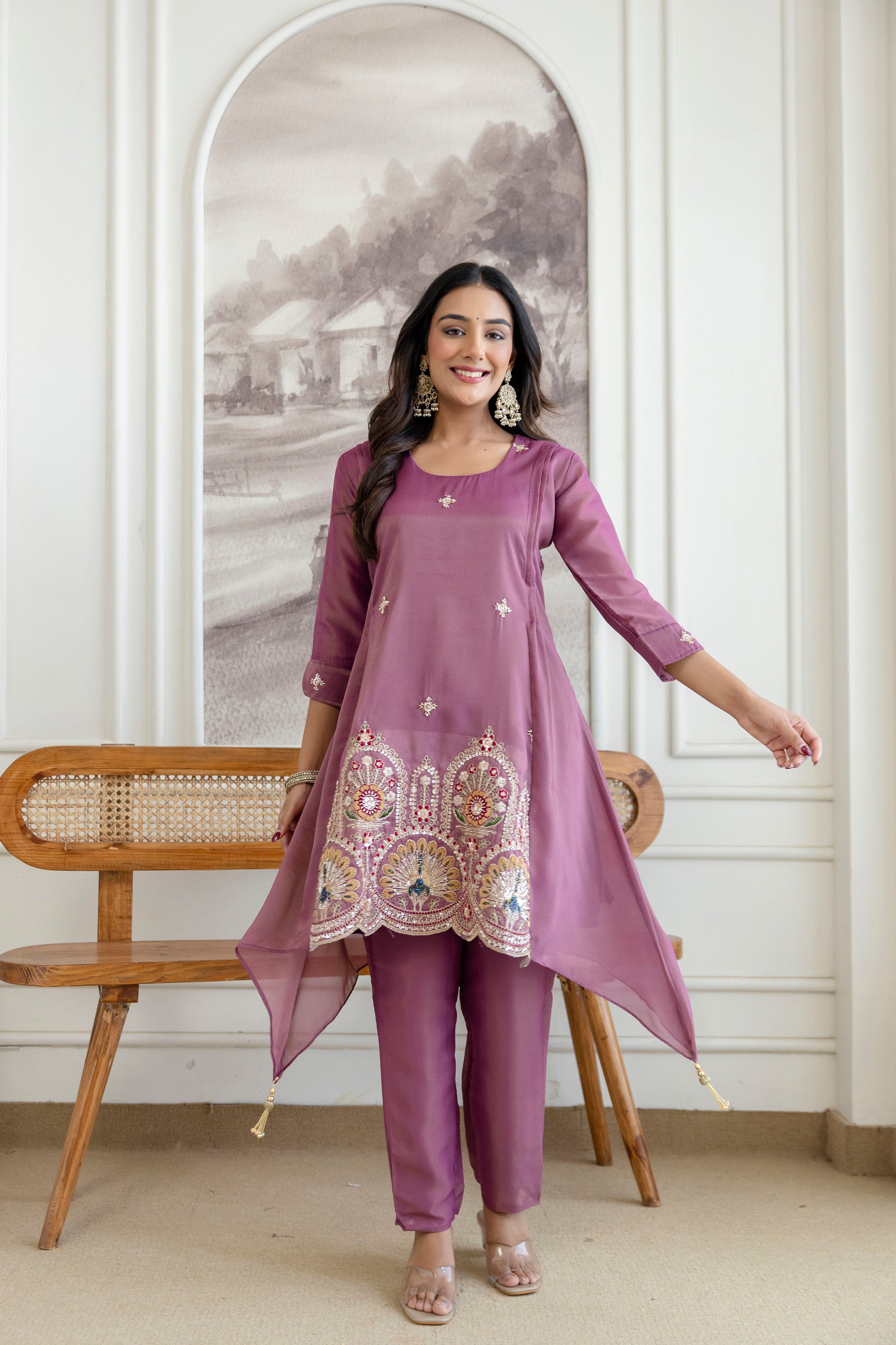 Trendy Kurta Pant Set with Intricate Embroidery Work
