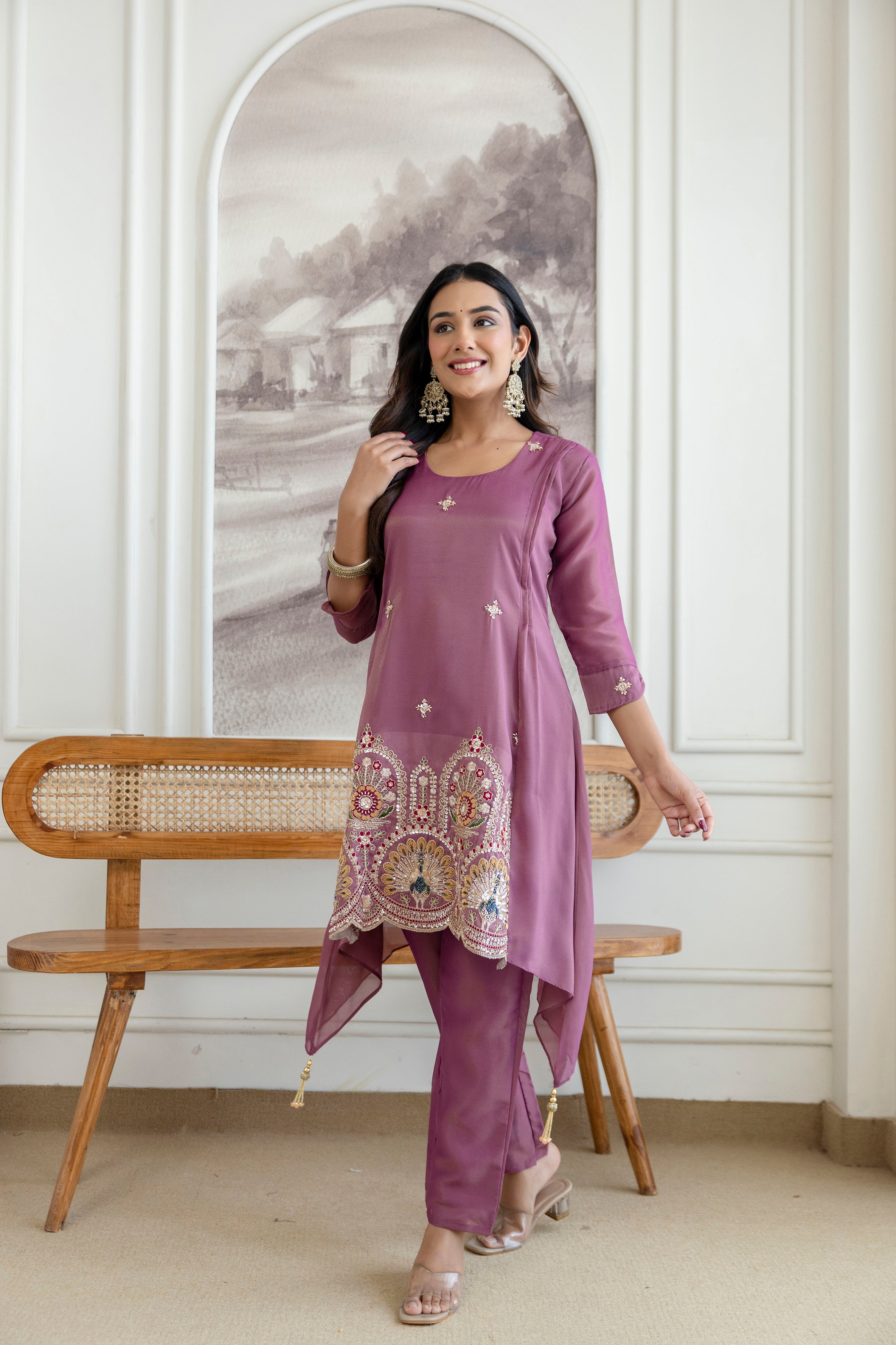 Trendy Kurta Pant Set with Intricate Embroidery Work