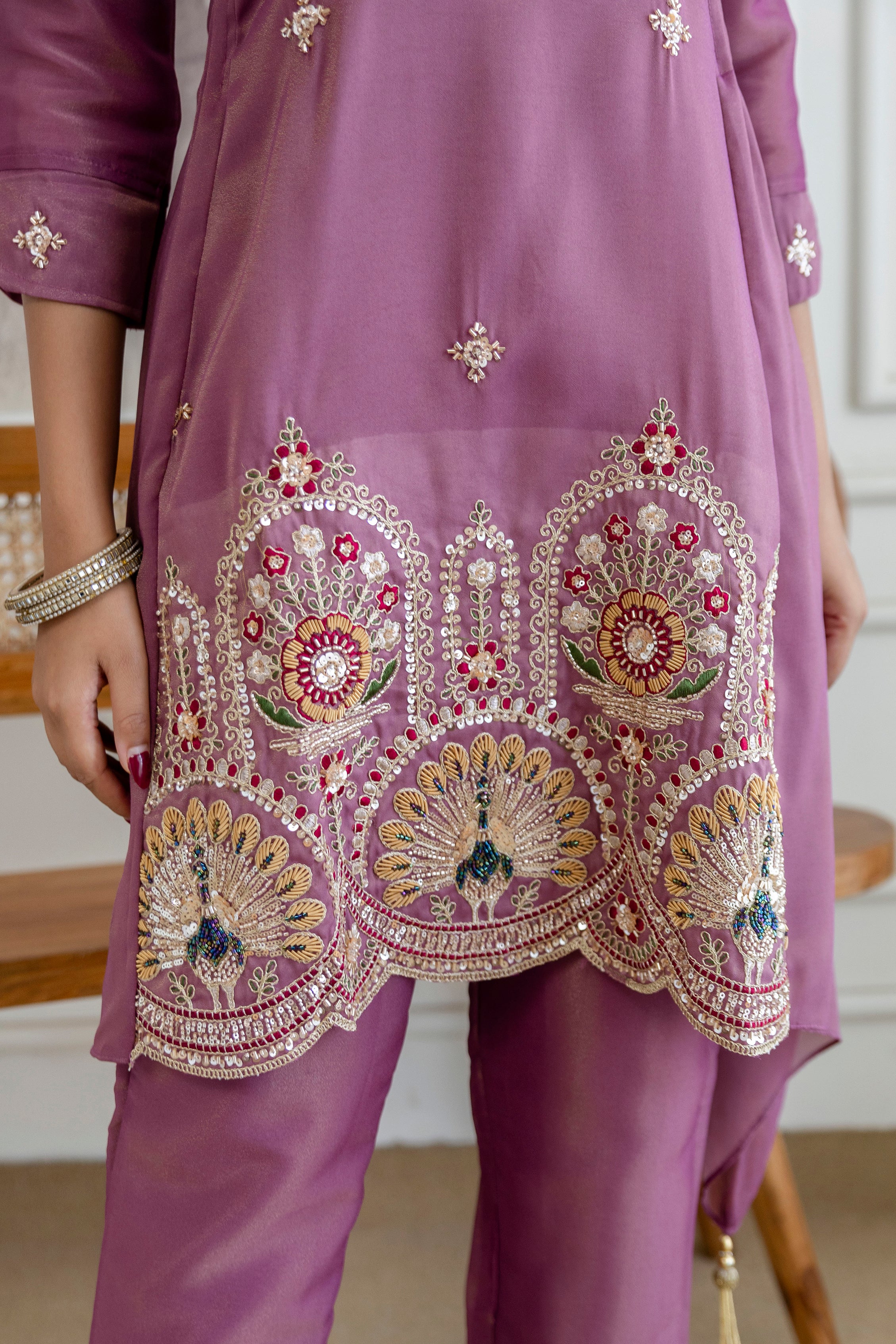 Trendy Kurta Pant Set with Intricate Embroidery Work
