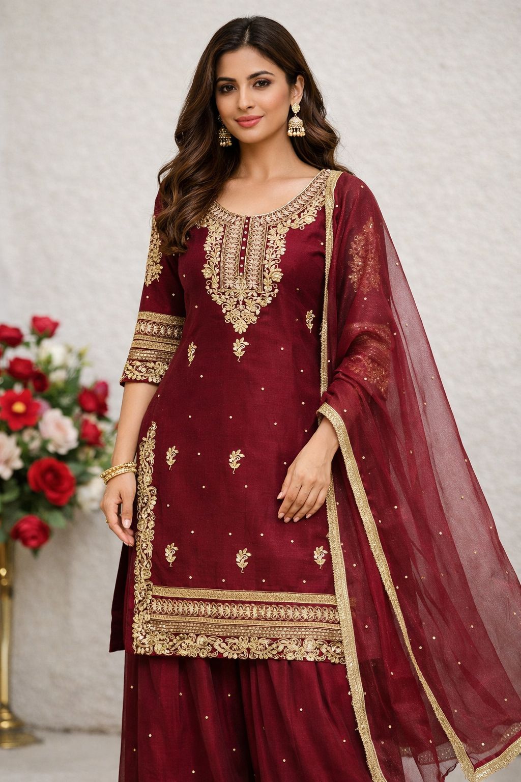 New Đěsigner Party Wear Look Pur Gmy Silk Top Plazzo & Dupatta Set