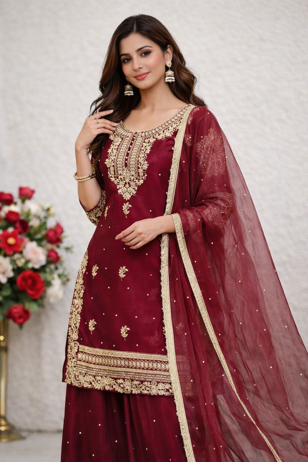 New Đěsigner Party Wear Look Pur Gmy Silk Top Plazzo & Dupatta Set