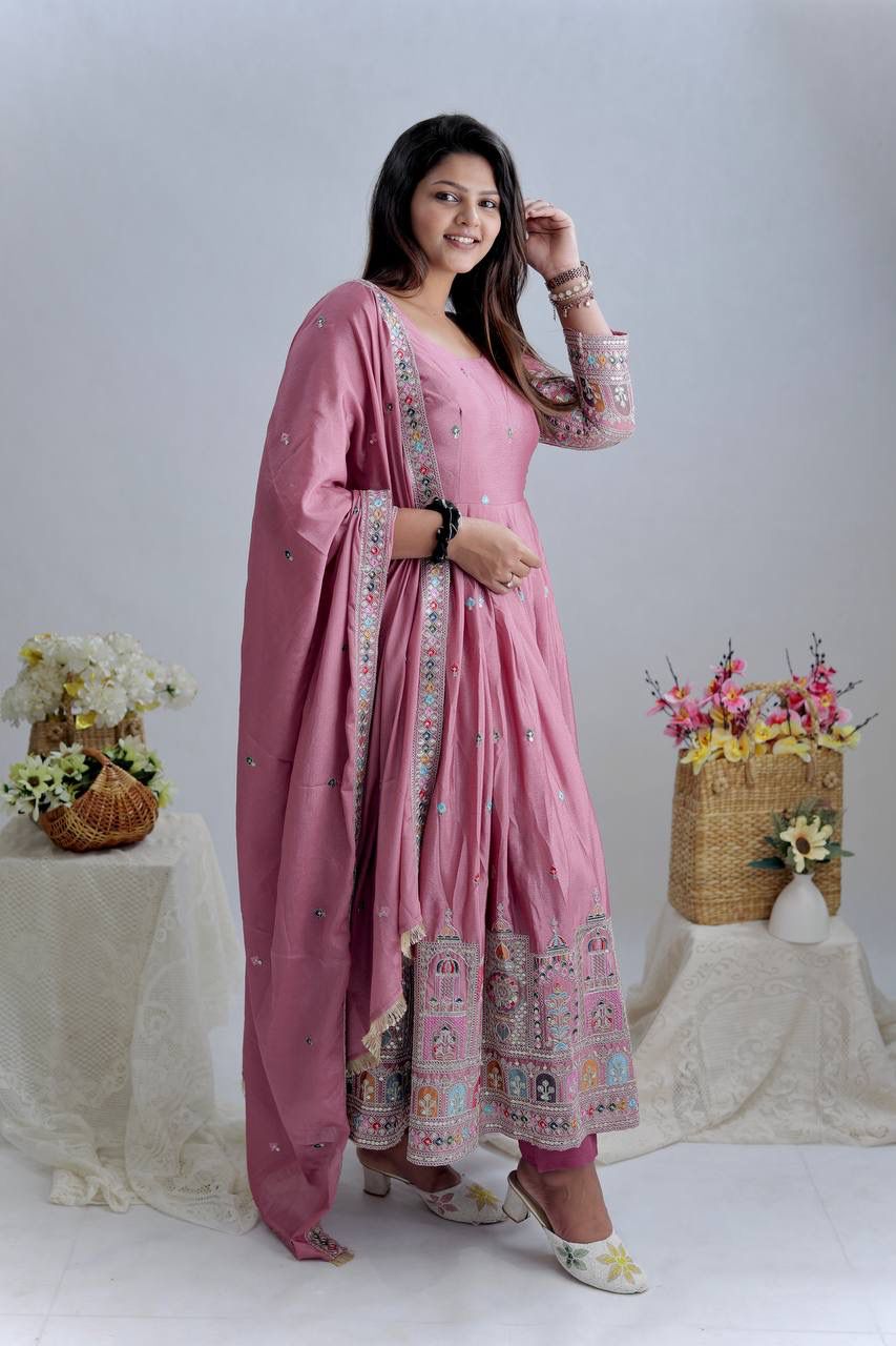 Presenting New Collection Heavy Pure Cinon Silk Gown -Pent  Dupatta Set Fully Stitched Ready To Wear
