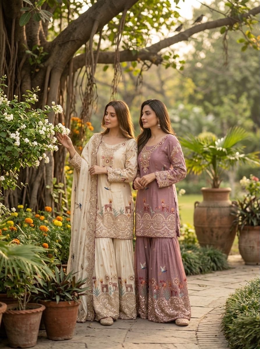 Elegant Embroidered Kurta Sharara Set with Dupatta for Women