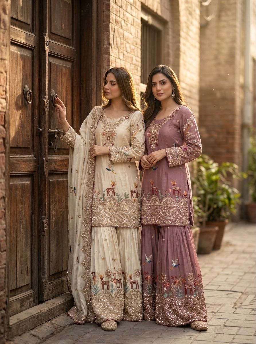 Elegant Embroidered Kurta Sharara Set with Dupatta for Women