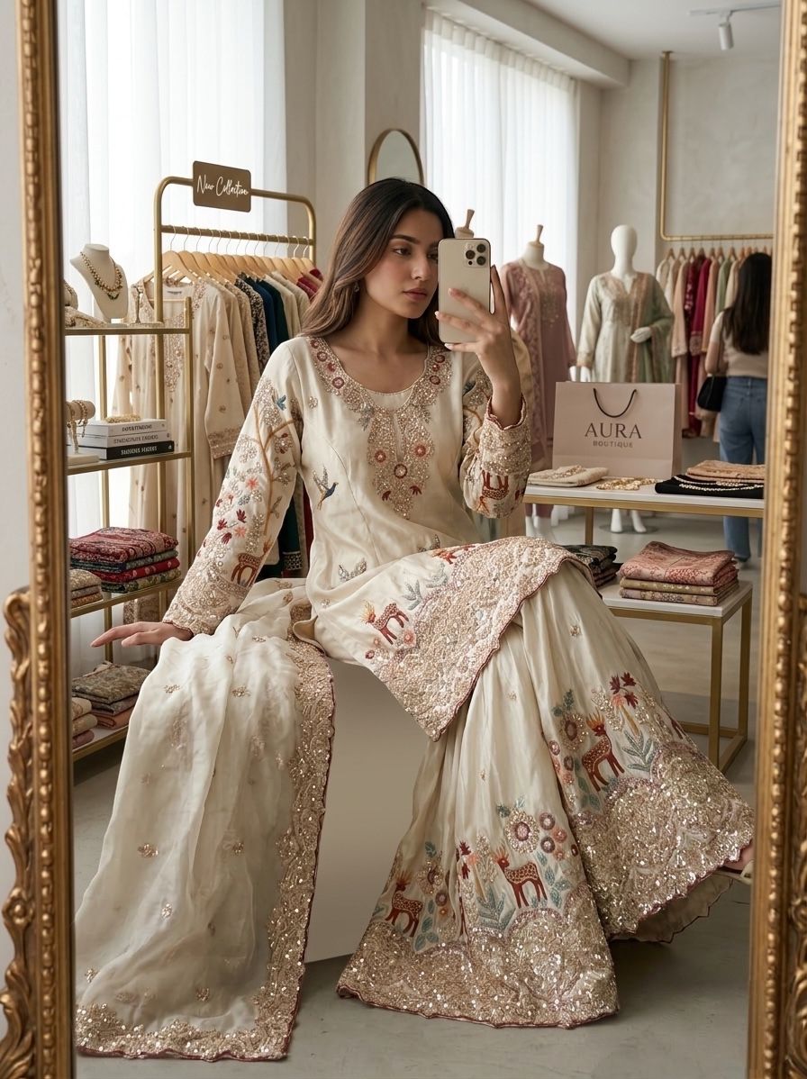Elegant Embroidered Kurta Sharara Set with Dupatta for Women