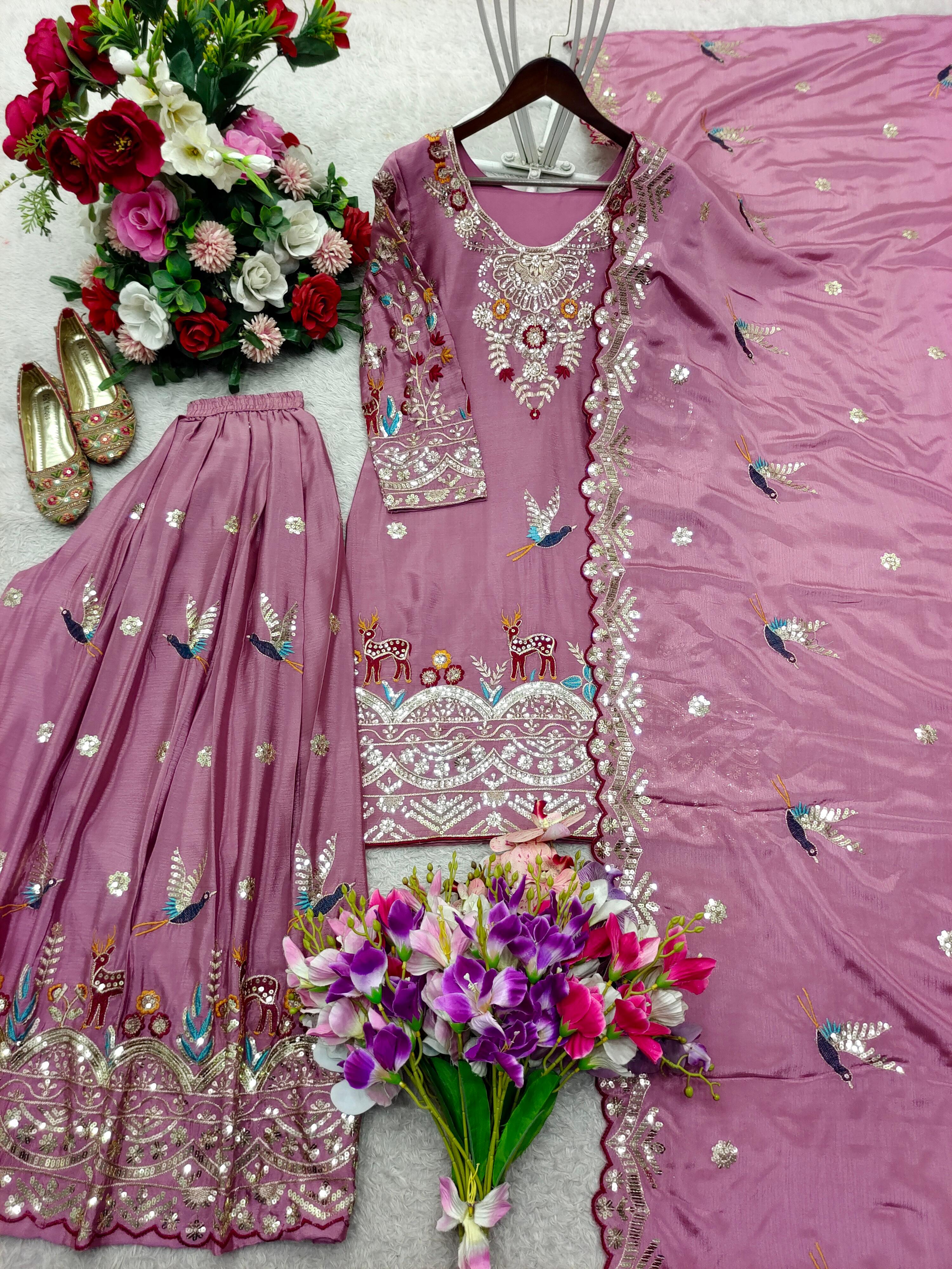 Elegant Embroidered Kurta Sharara Set with Dupatta for Women