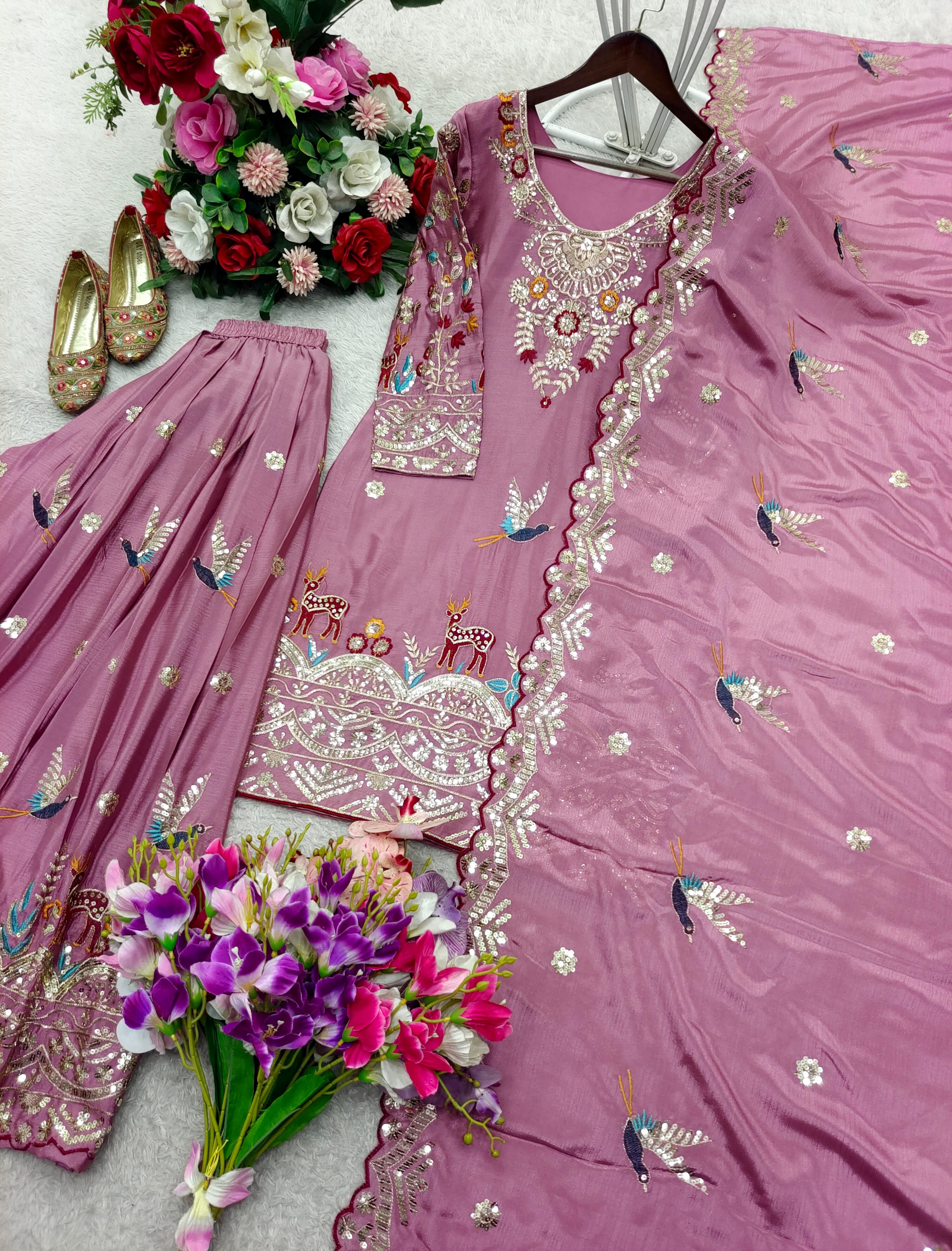Elegant Embroidered Kurta Sharara Set with Dupatta for Women