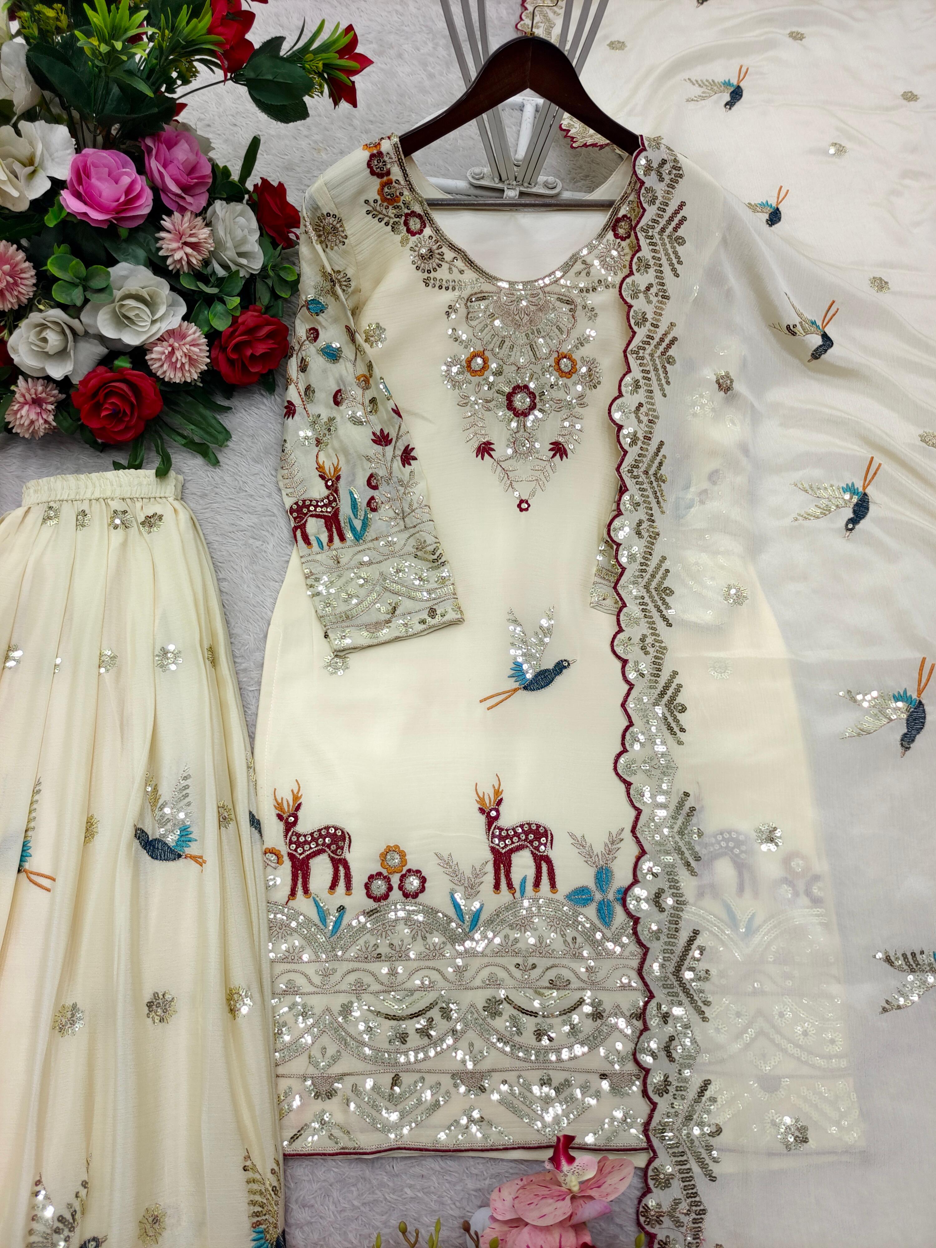 Elegant Embroidered Kurta Sharara Set with Dupatta for Women