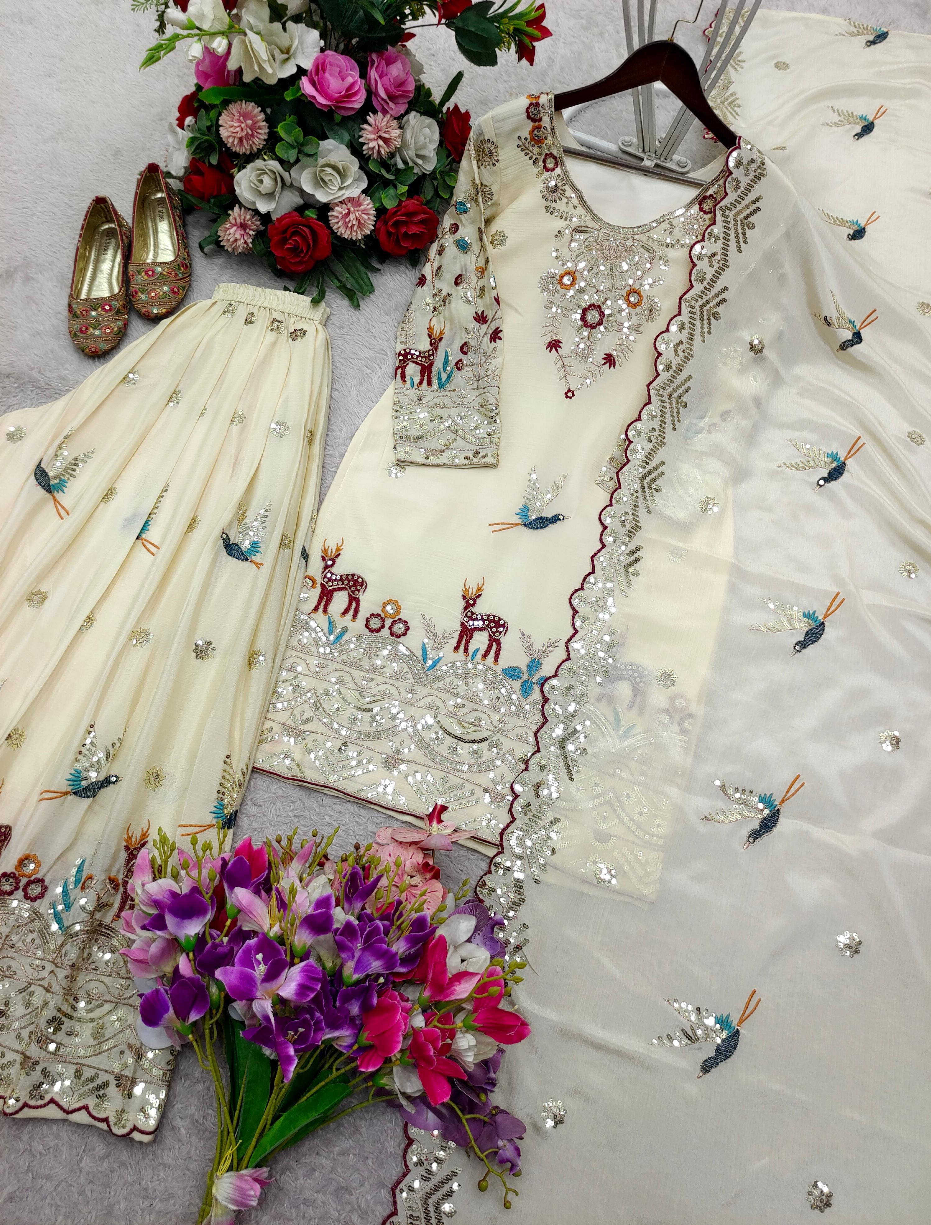 Elegant Embroidered Kurta Sharara Set with Dupatta for Women