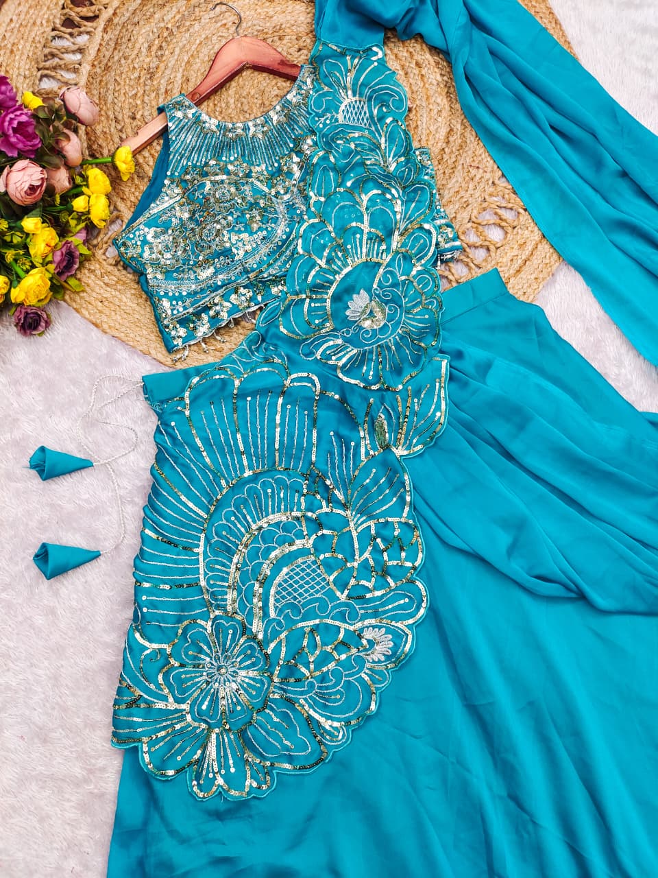 Designer Ready To Wear Teal Lehenga Choli with Heavy Embroidery Work