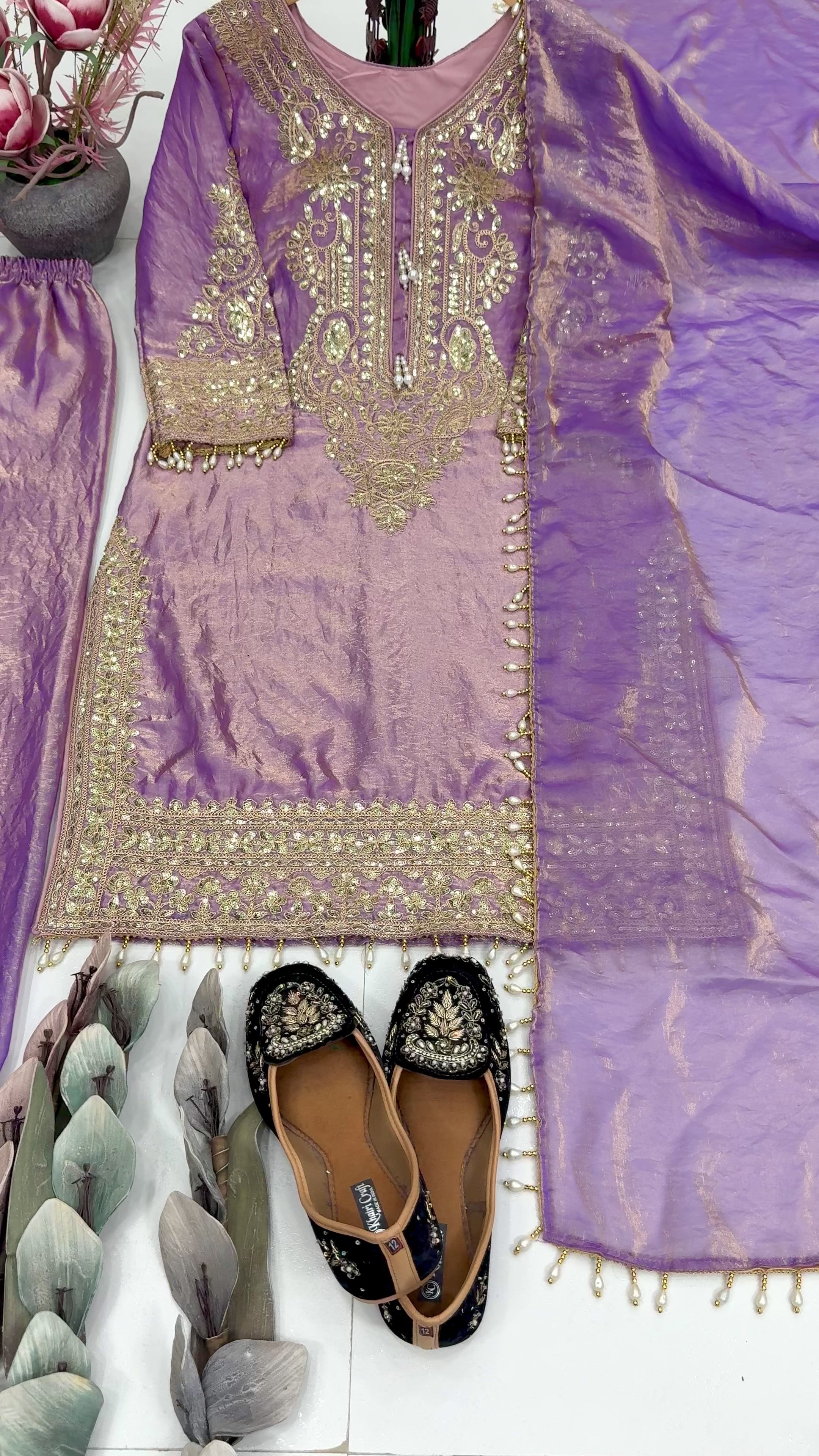 Elegant Lavender Embroidered Kurta Palazzo Set with Dupatta