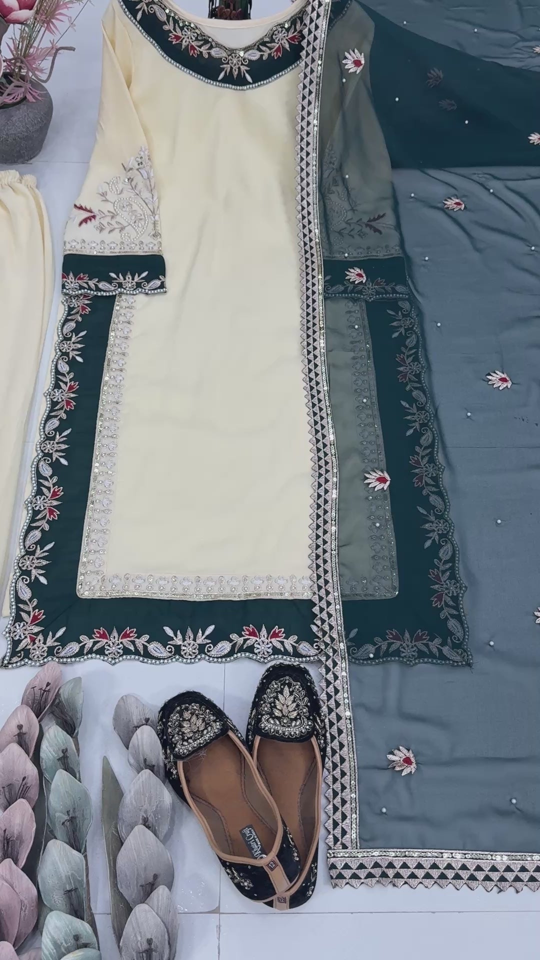Elegant Cream & Green Embroidered Kurta Palazzo Set with Dupatta