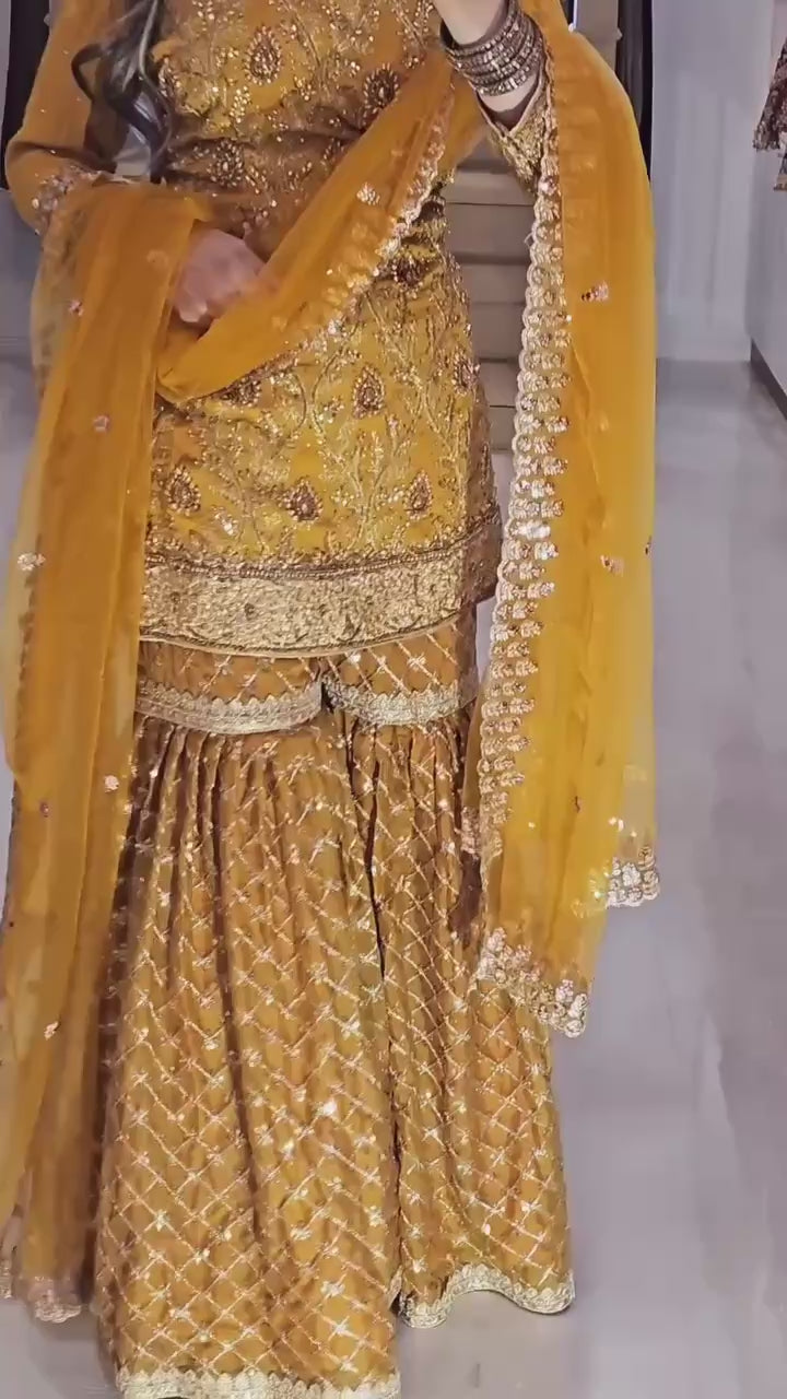 Mustard Yellow Sharara Suit Set for Women with Dupatta | Designer Embroidered Festive & Wedding Wear Outfit