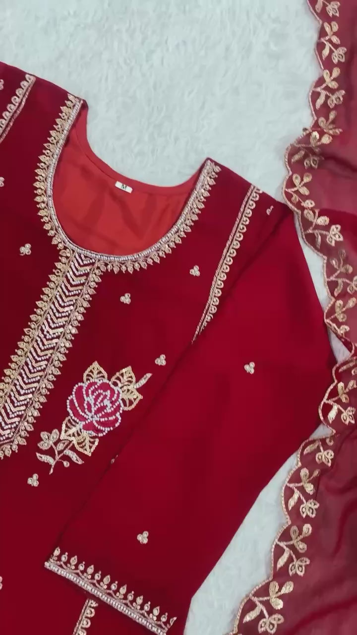 Elegant Red Embroidered Kurti Plazzo Set with Dupatta for Festive & Party Wear
