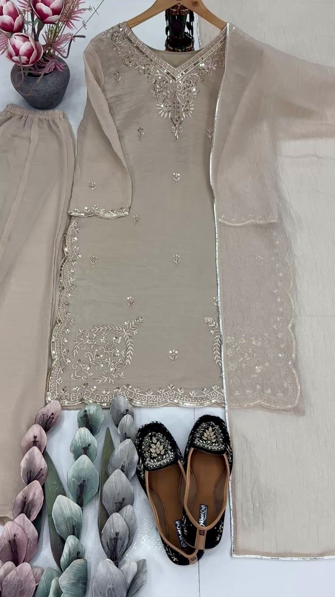 Premium Beige Ethnic Suit with Embroidery & Flowy Sharara