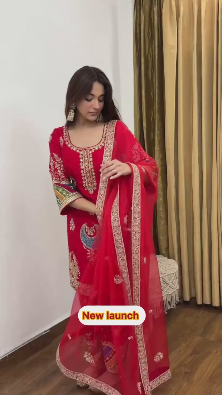 Festive Wear Red Suit for Women | Designer Kurti with Pant & Dupatta Set