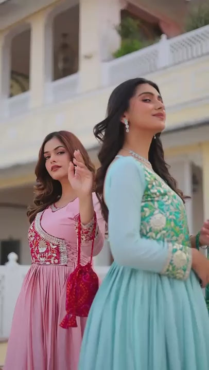 Women’s Designer Anarkali Gown | Heavy Embroidered Party Wear Long Dress (Pink & Blue)