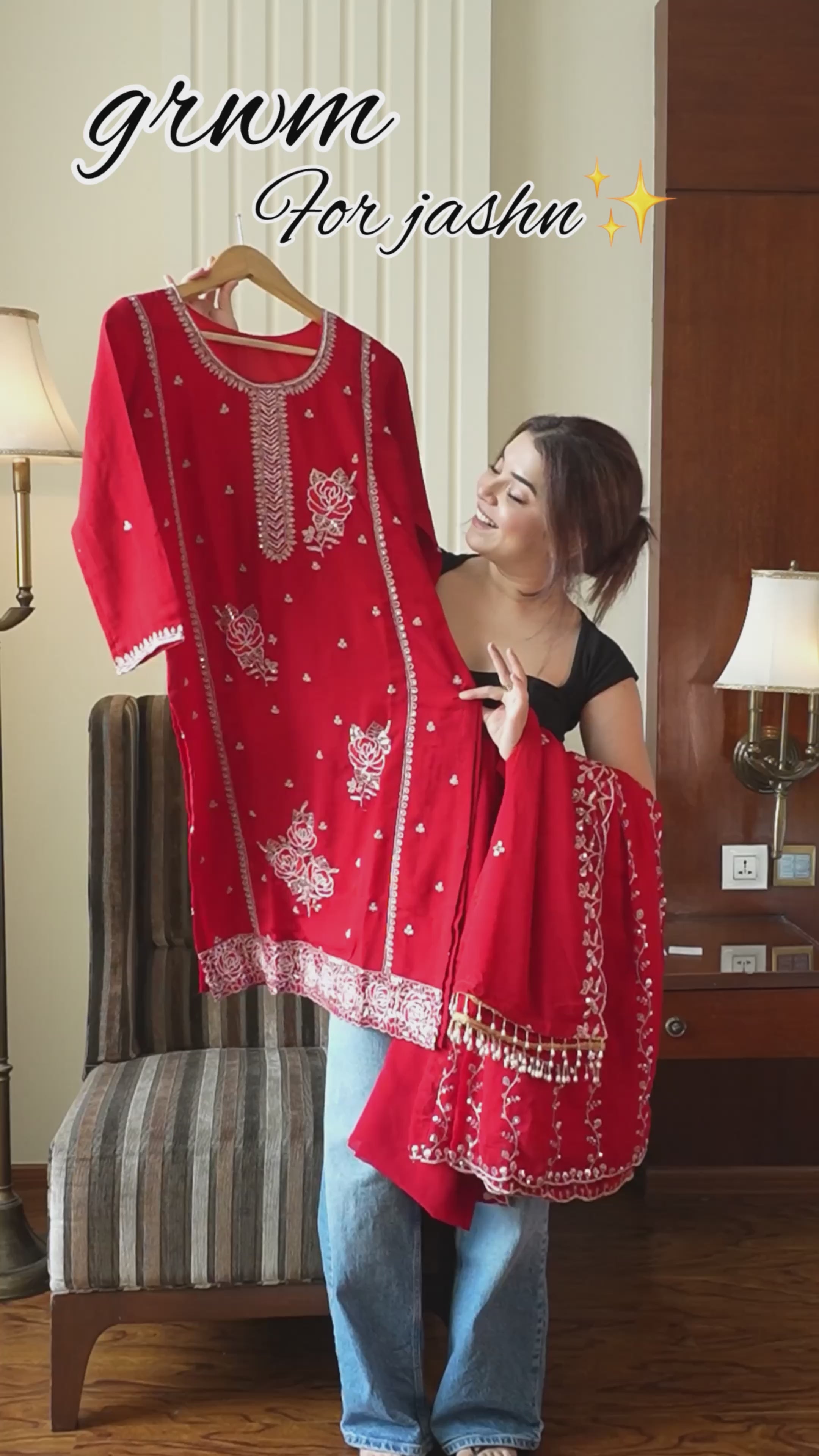 Elegant Red Embroidered Kurti Plazzo Set with Dupatta for Festive & Party Wear