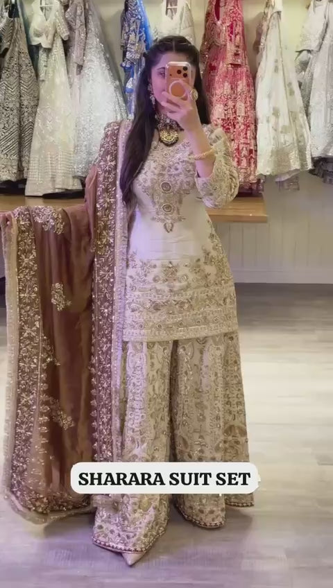 Luxury Ivory Embroidered Kurta Palazzo Set with Designer Dupatta