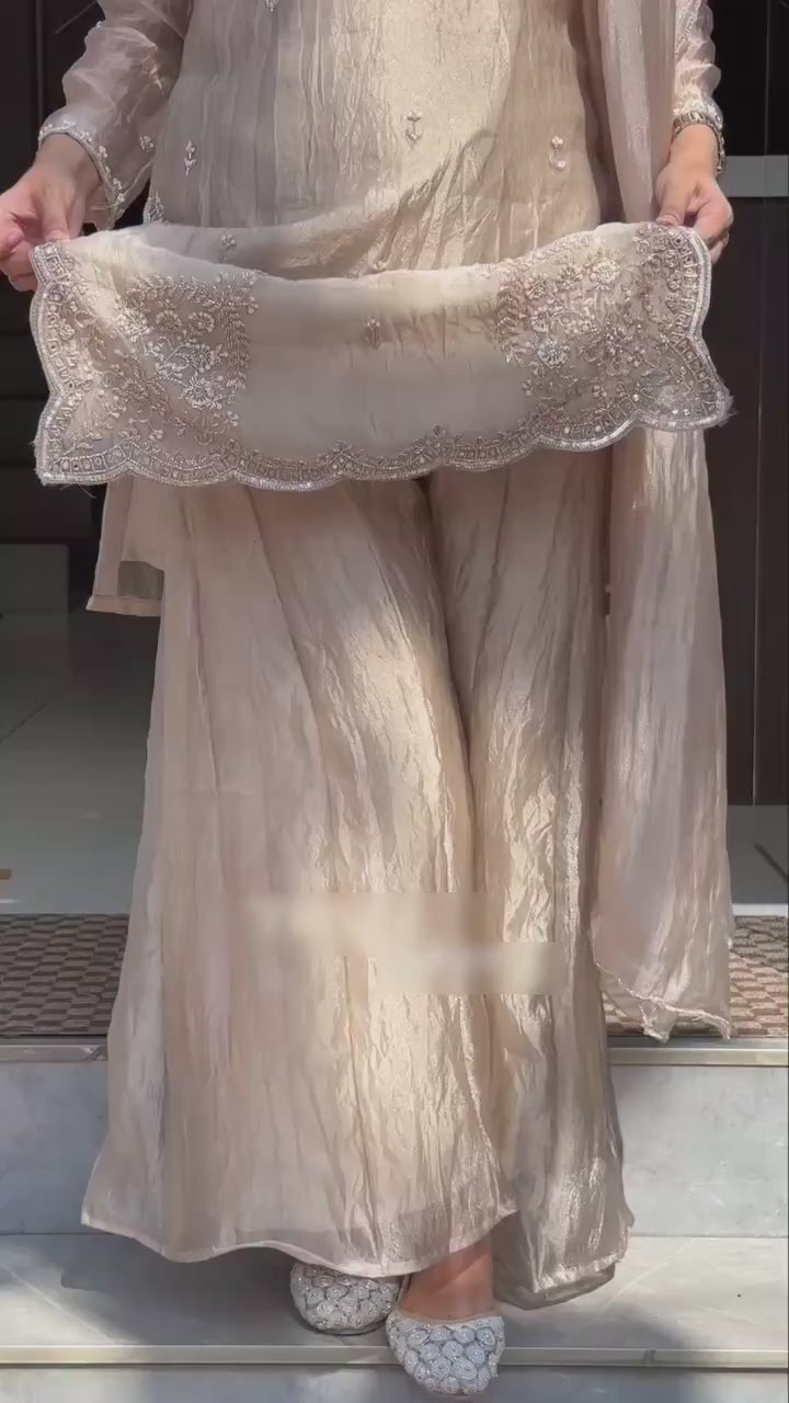 Premium Beige Ethnic Suit with Embroidery & Flowy Sharara