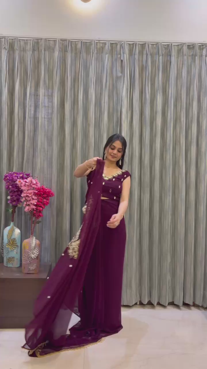 Elegant Kaftan Style Ready-to-Wear Saree with Heavy Embroidered Neck – Premium Party Wear