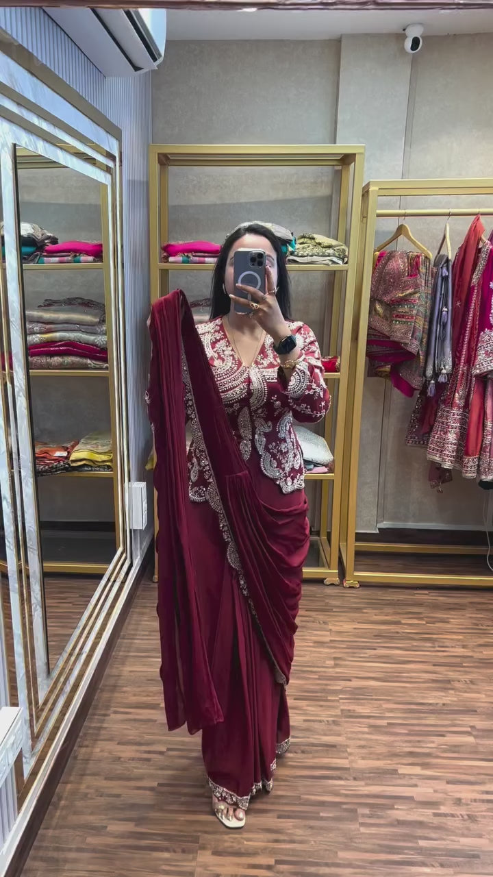 New Super Trending Embroidery Sequence work ready to wear saree with full koti
