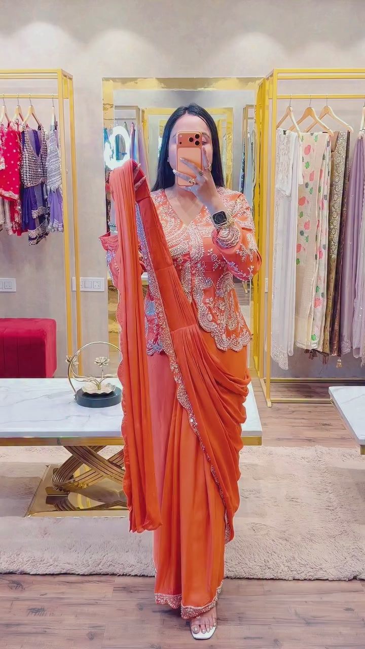 New Super Trending Embroidery Sequence work ready to wear saree with full koti