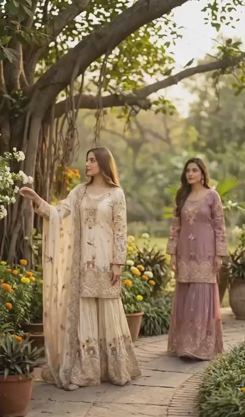Elegant Embroidered Kurta Sharara Set with Dupatta for Women