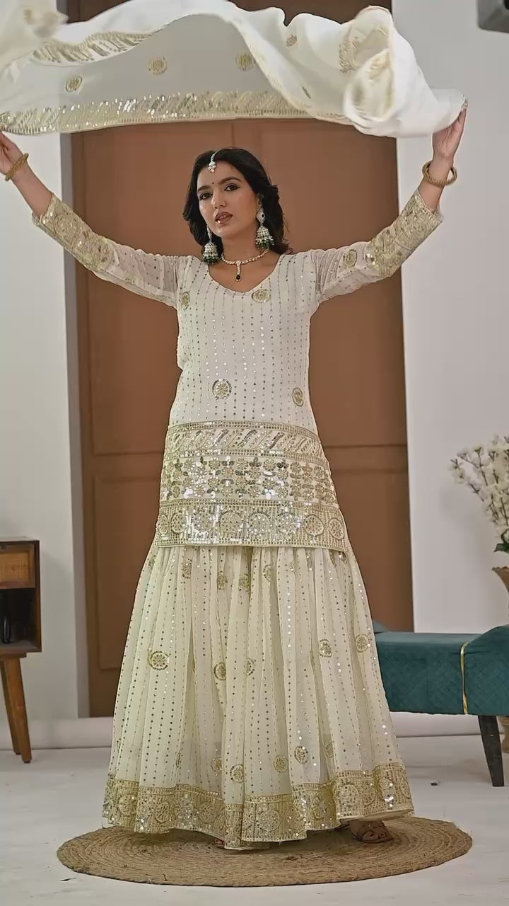 Cream Embroidered Sharara Suit Set for Women with Dupatta | Designer Festive & Wedding Wear Ethnic Outfit