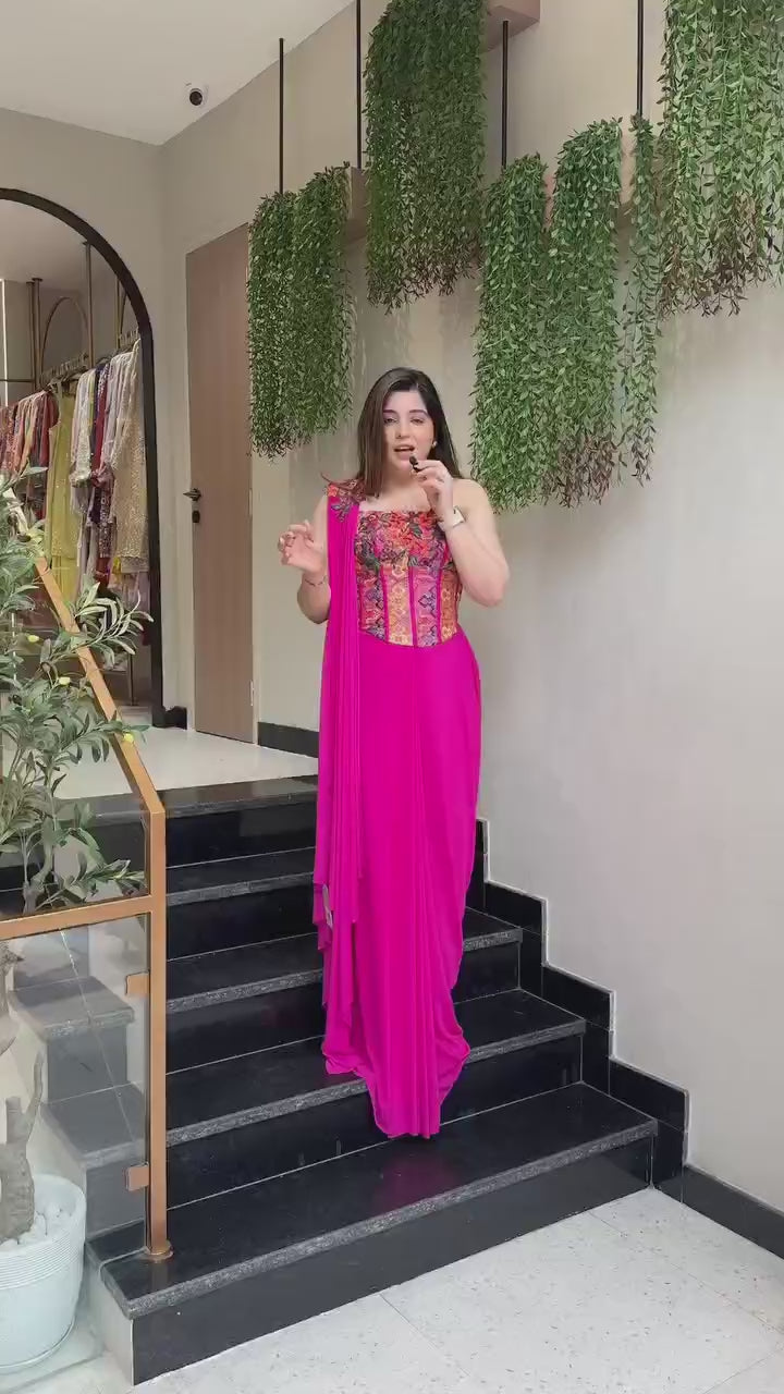 Premium Floral Embroidered Ready-to-Wear Saree – Hot Pink Designer Party Wear Collection 🌸💖