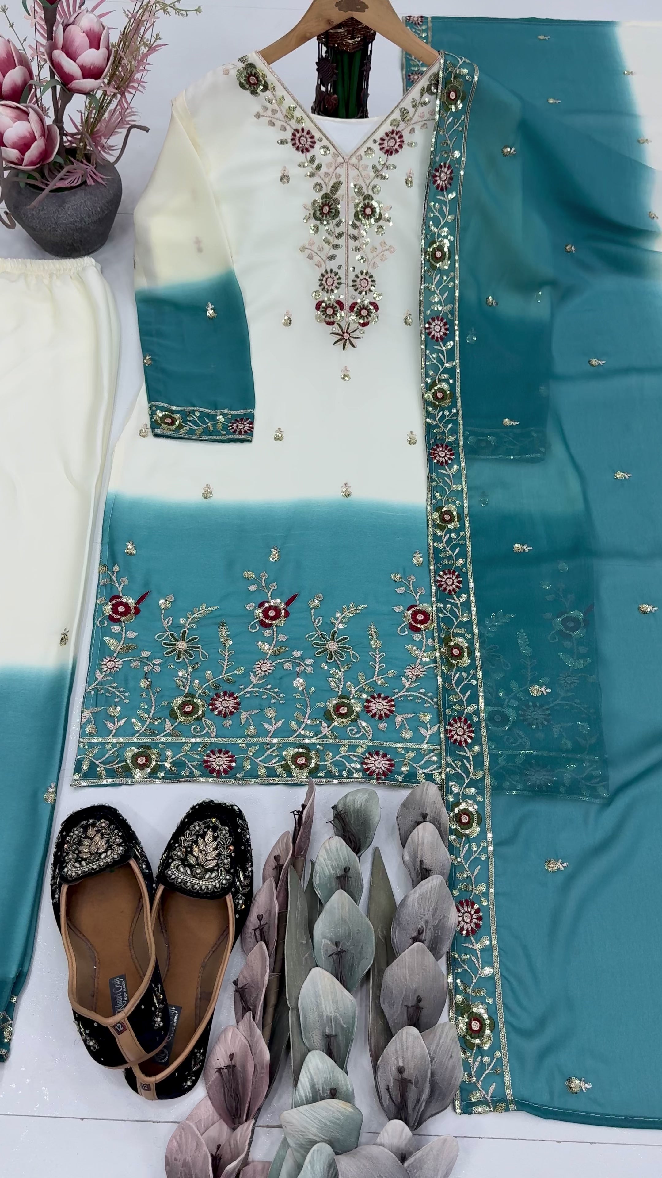 Elegant Ombre Embroidered Kurta Palazzo Set with Dupatta