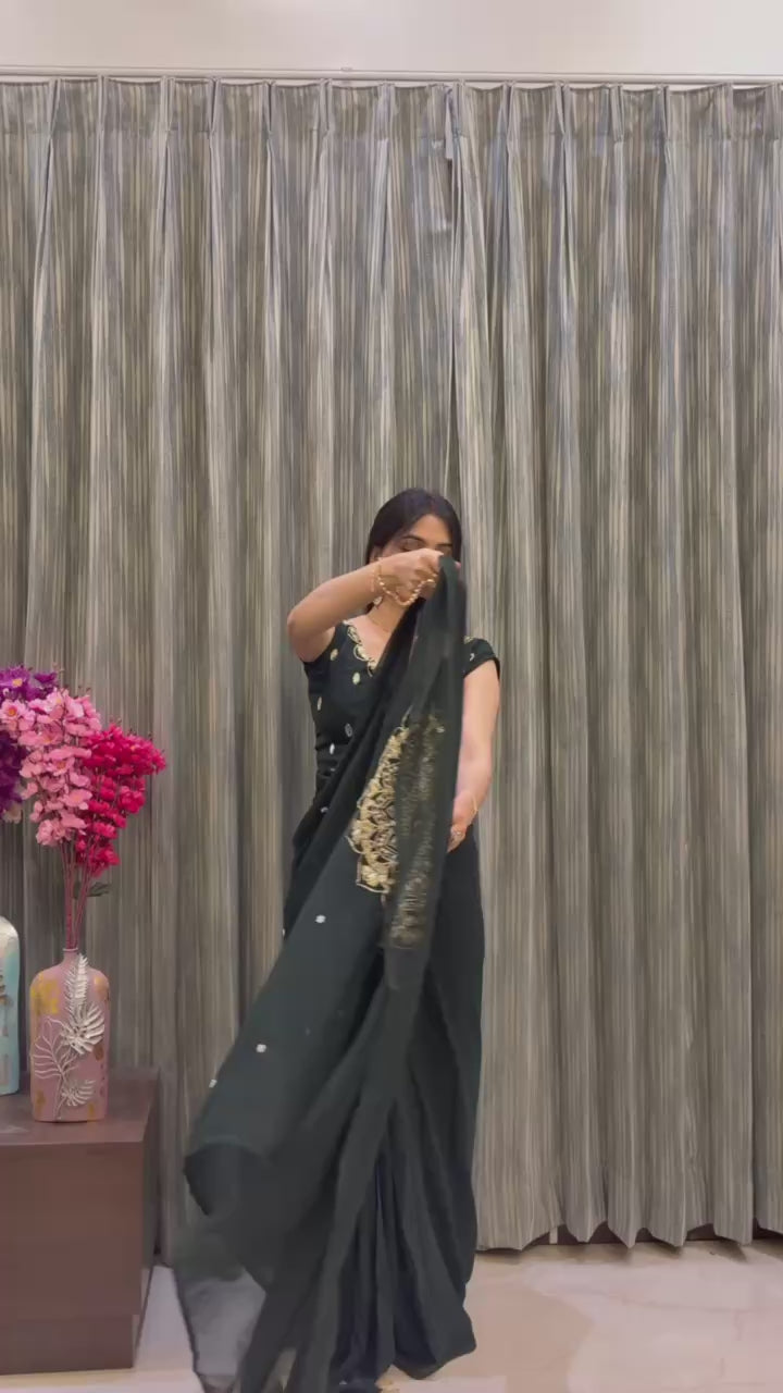 Elegant Kaftan Style Ready-to-Wear Saree with Heavy Embroidered Neck – Premium Party Wear
