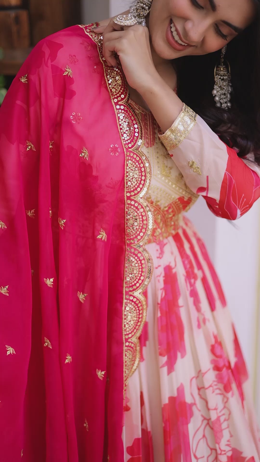 Designer Floral Anarkali Gown with Embroidered Border & Dupatta for Women