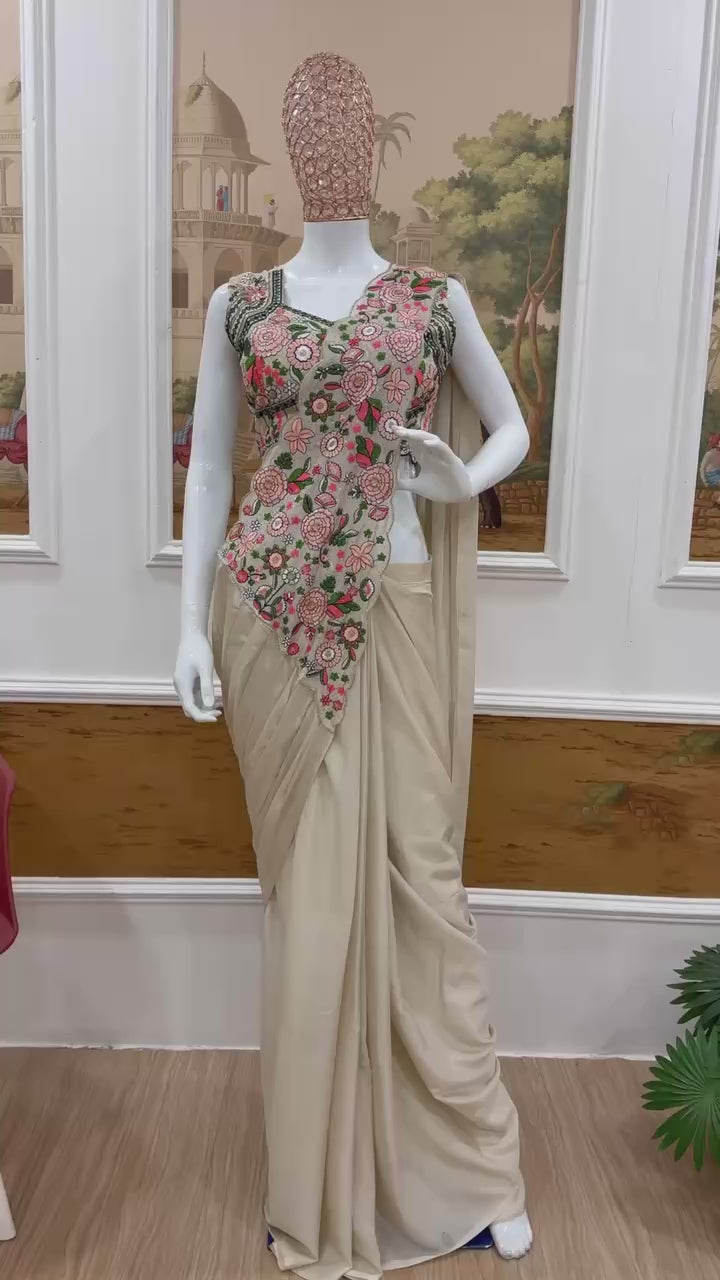 Elegant Ready Saree with Floral Embroidery Blouse – Festive & Wedding Wear