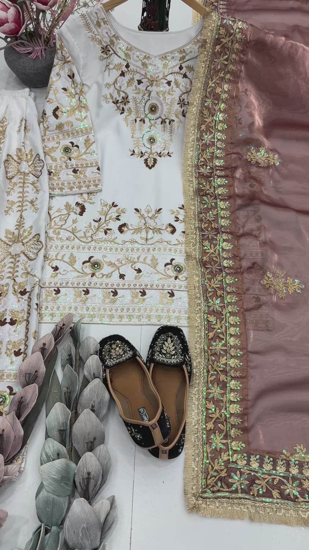 Luxury Ivory Embroidered Kurta Palazzo Set with Designer Dupatta