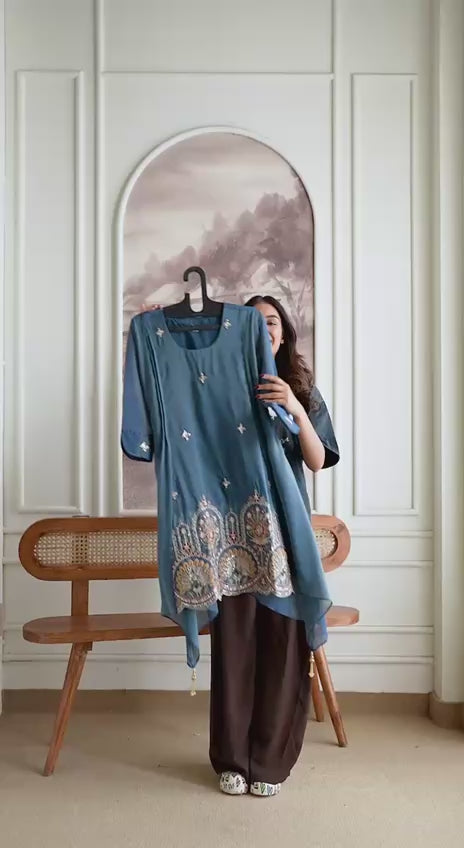 Trendy Kurta Pant Set with Intricate Embroidery Work