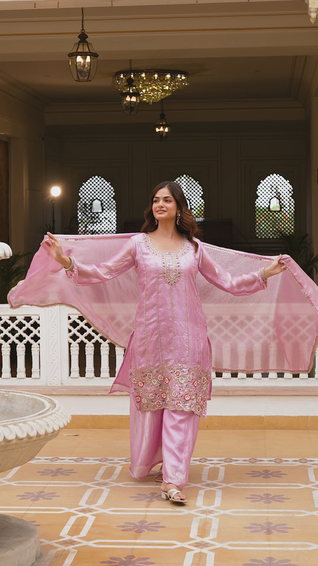 Elegant Pink Kurti Set with Plazzo & Dupatta | Heavy Embroidery Party Wear for Women
