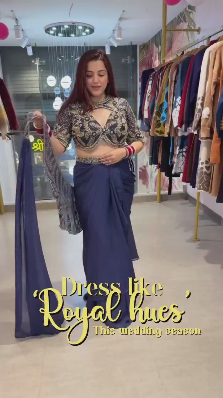 Royal Navy Blue Saree with Intricate Embroidery & Modern Drape Style