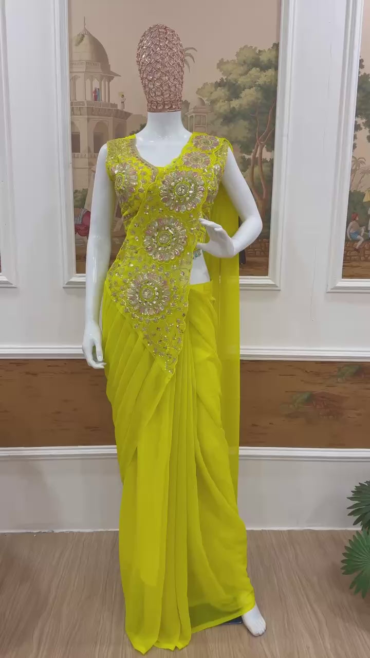Trendy Lime Green Lehenga Saree with Heavy Embroidered Blouse