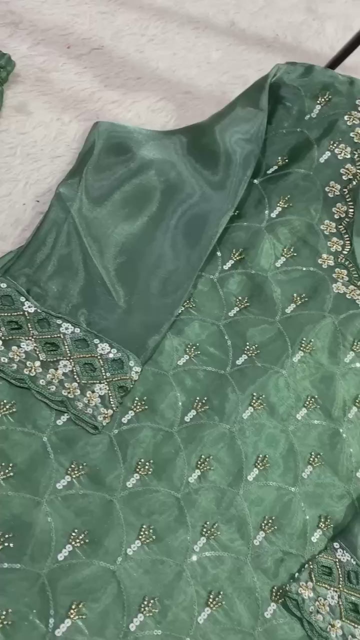 Elegant Green Embroidered Sharara Suit with Organza Dupatta for Festive & Wedding Wear